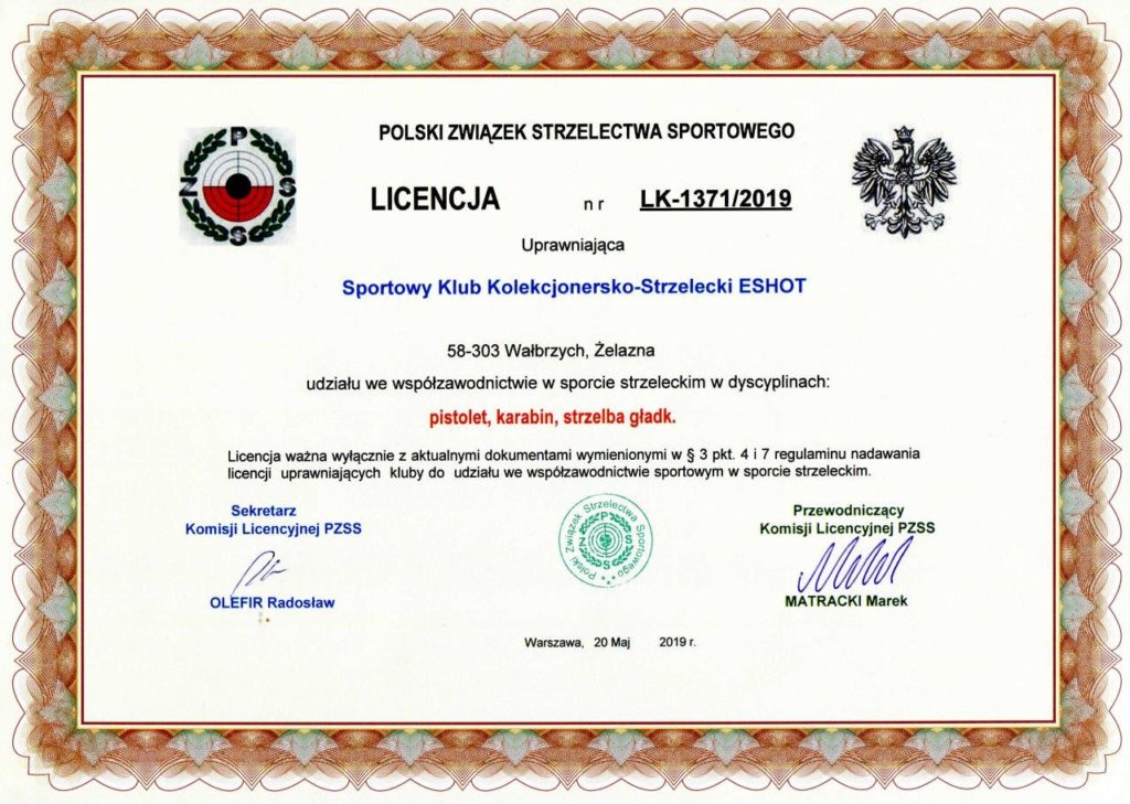 Licencja klubowa PZSS SKKS ESHOT